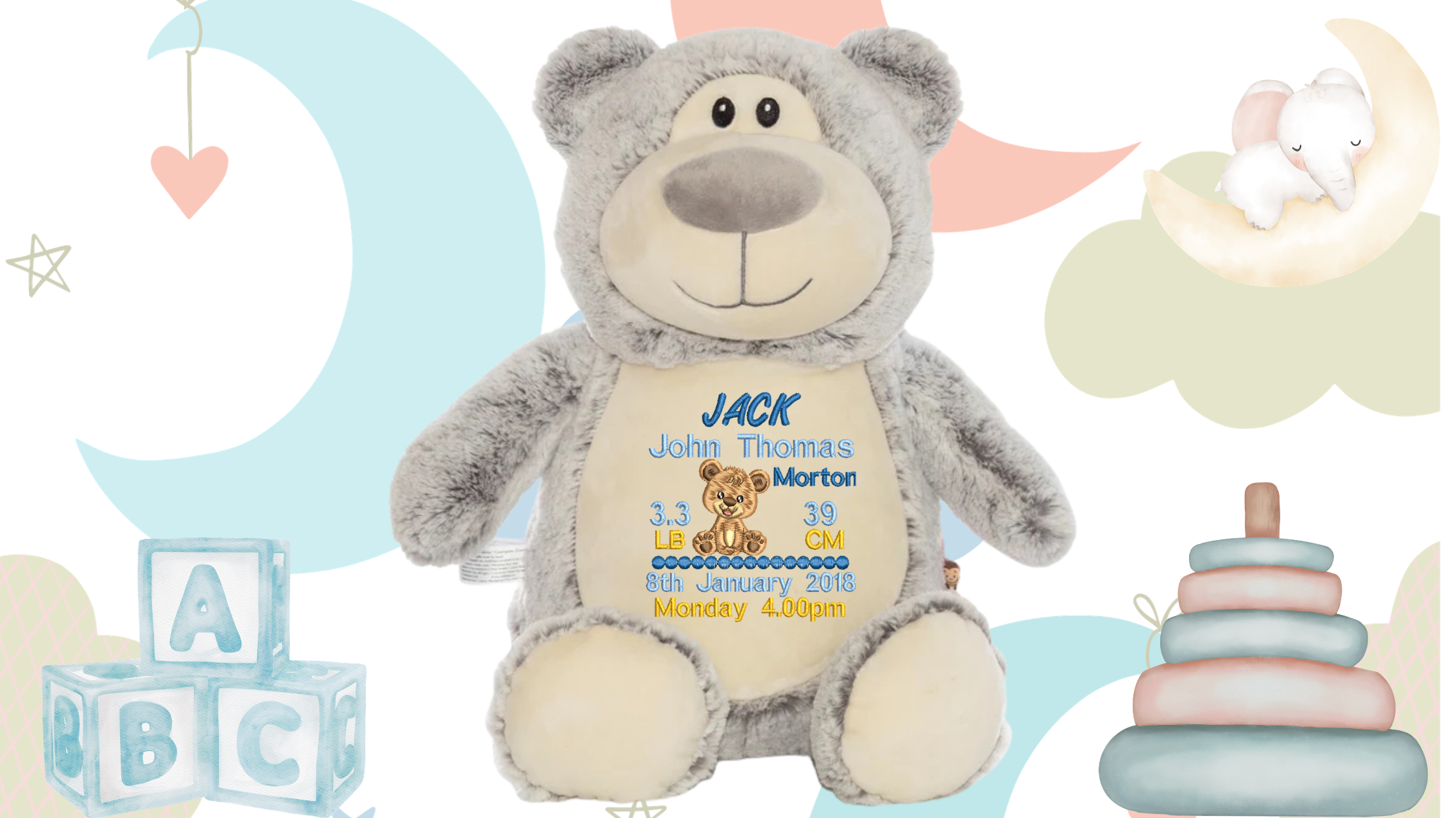 Grey Cubbyford personalised teddy bear gender neutral birth announcement embroidery NZ