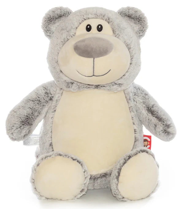 Plush toy bear with gray fur and cream body on a white background