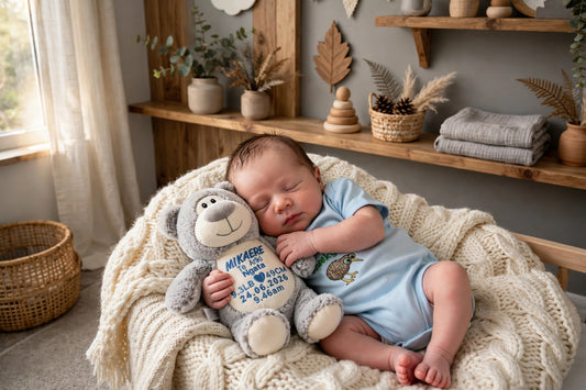 A sleeping newborn baby wearing a light blue onesie and lying on a chunky cream knit blanket, holding a gray plush monkey toy with a custom printed name and date. The scene is set in a cozy nursery with wooden shelves, dried botanicals, and soft natural light.