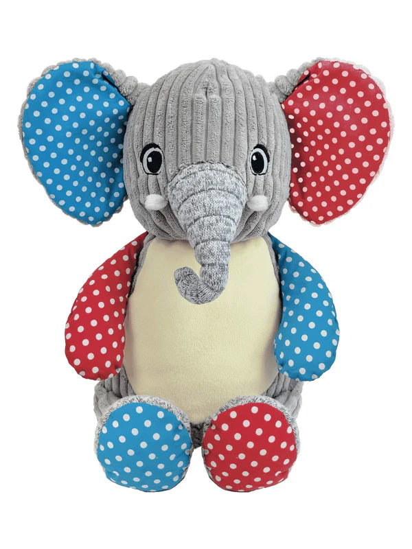 Plush elephant toy with polka dot ears and feet on a white background