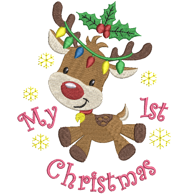 Illustration of a reindeer with 'My 1st Christmas' text on a white background