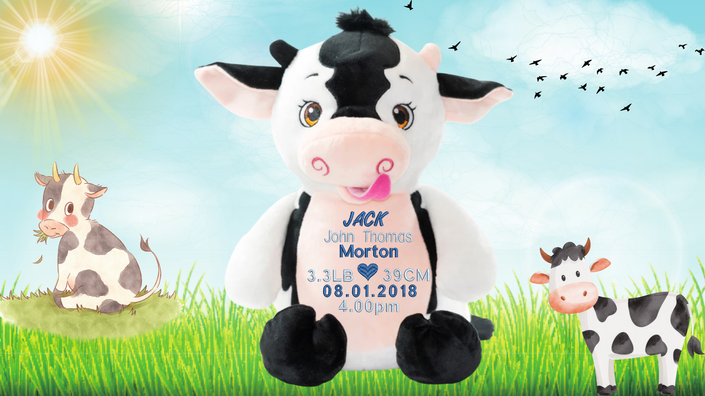 Personalised Moo Cow memory bear with custom embroidery birth announcement details farmhouse nursery NZ