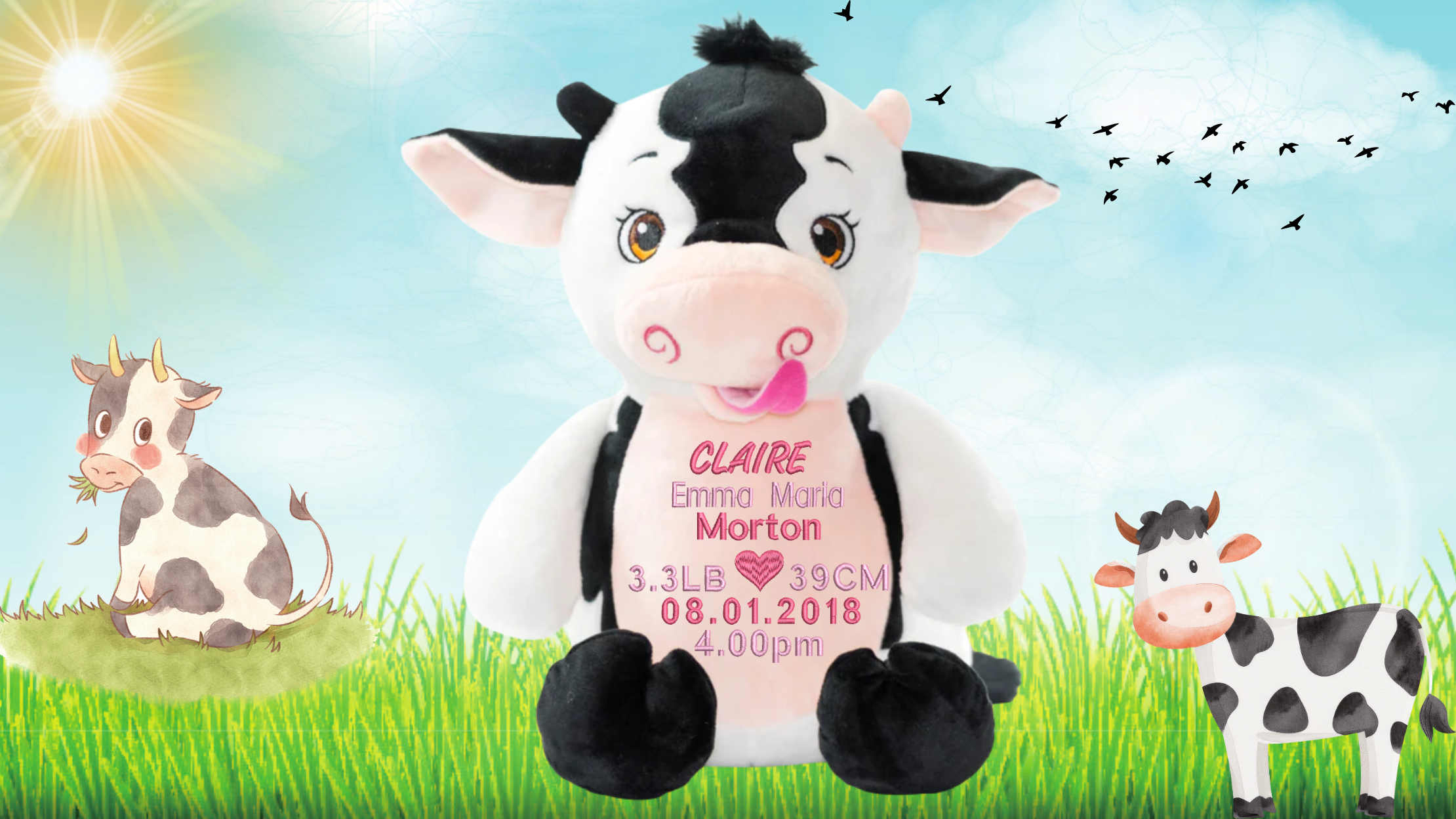 Personalised Moo Cow memory bear with custom embroidery birth announcement details farmhouse nursery NZ
