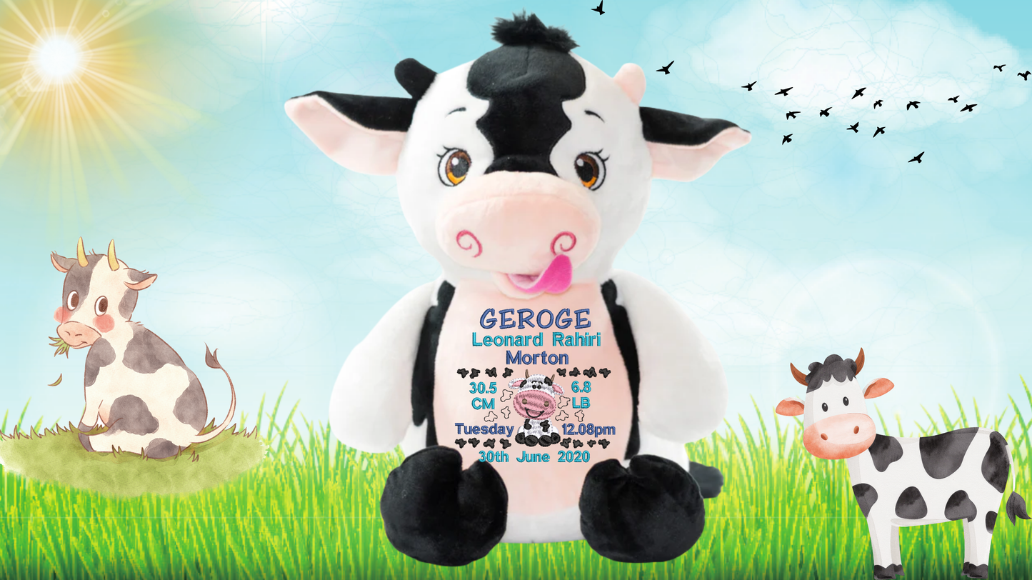 Personalised Moo Cow memory bear with custom embroidery birth announcement details farmhouse nursery NZ