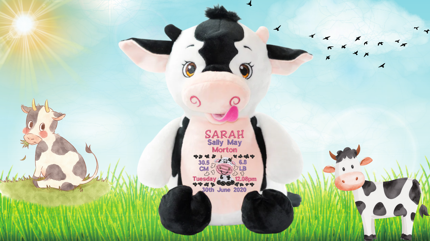 Personalised Moo Cow memory bear with custom embroidery birth announcement details farmhouse nursery NZ