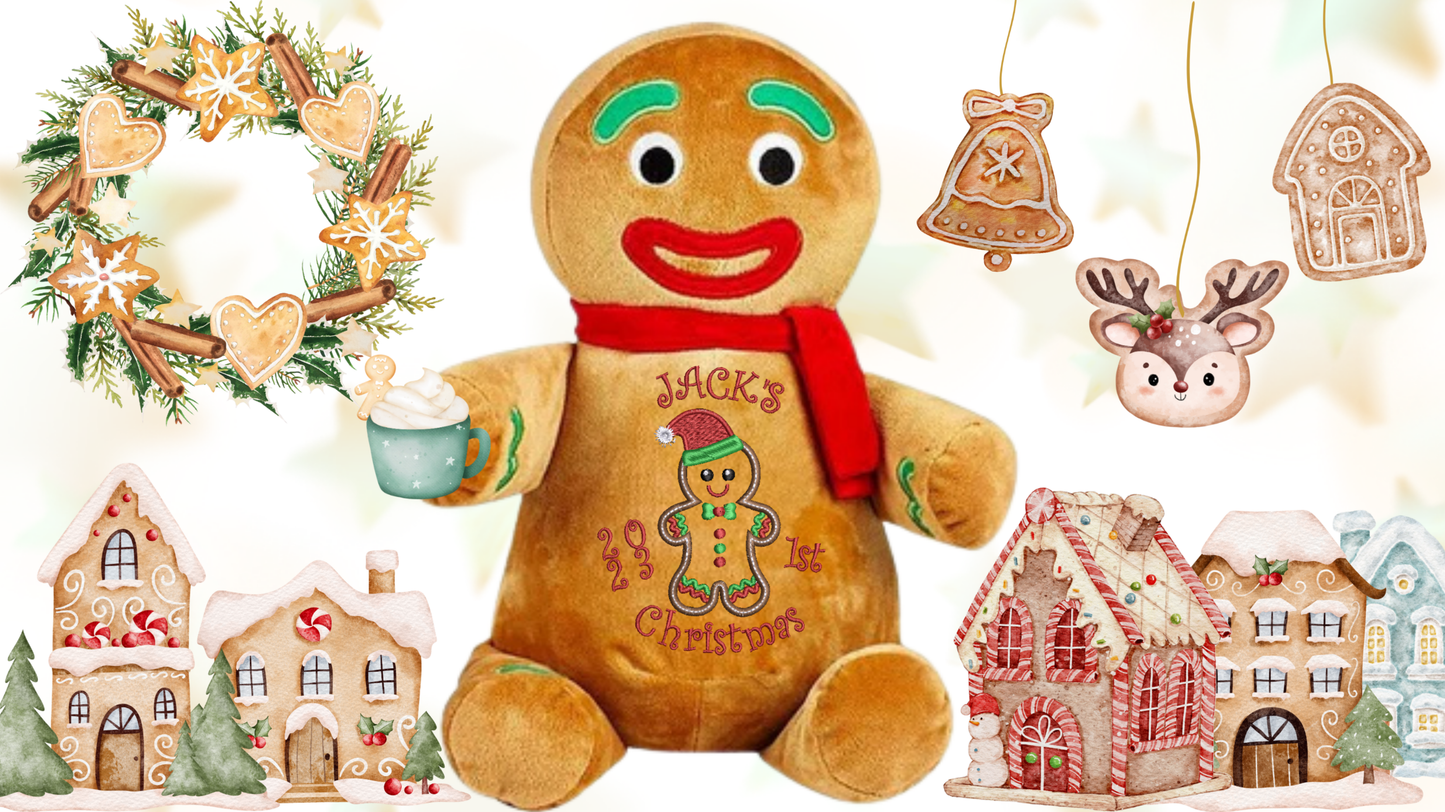 Personalised gingerbread memory bear with custom embroidery for baby first christmas gift NZ