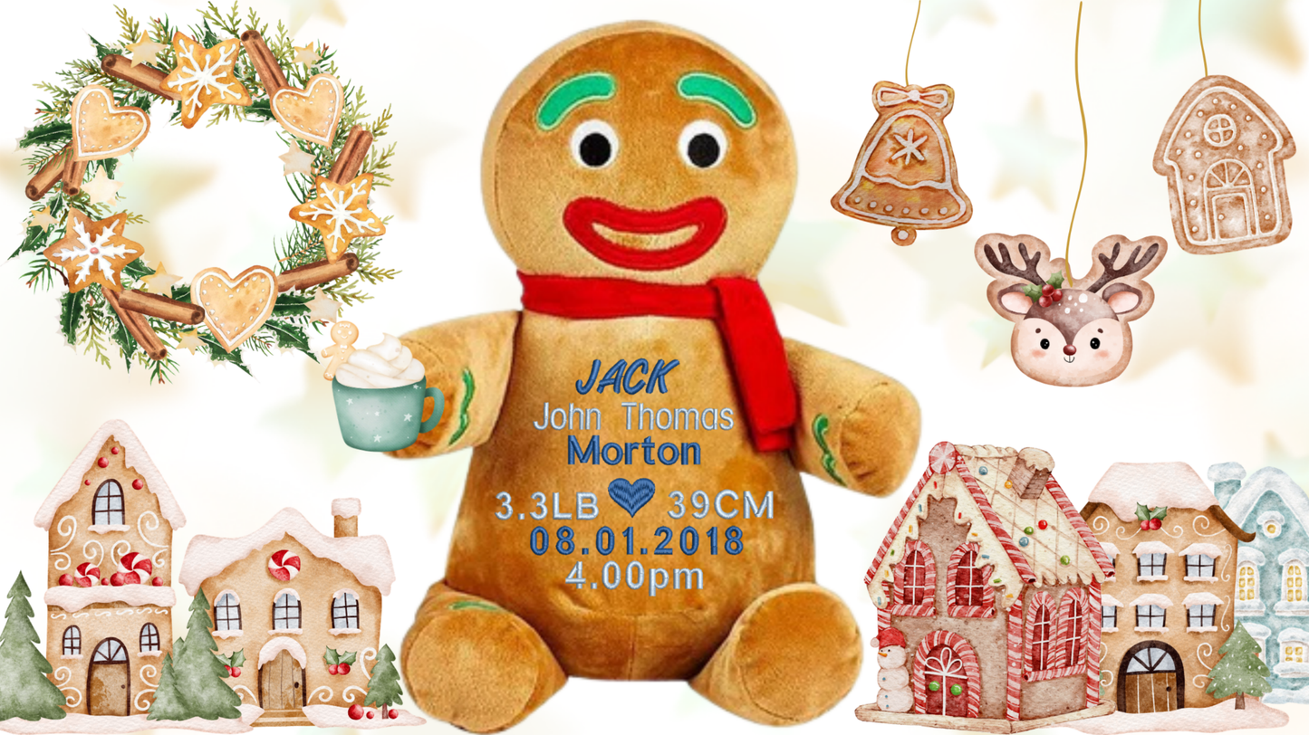 Personalised gingerbread memory bear with custom embroidery for baby first christmas gift NZ