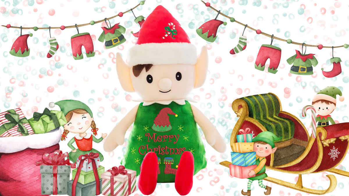Personalised holiday elf memory bear with custom embroidery birth announcement details NZ