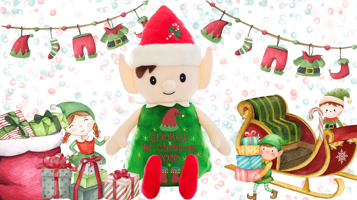 Personalised holiday elf memory bear with custom embroidery birth announcement details NZ