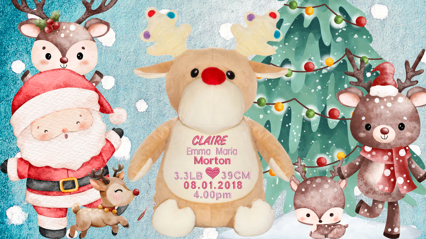 Personalised reindeer memory bear with custom embroidery birth announcement details Christmas gift NZ