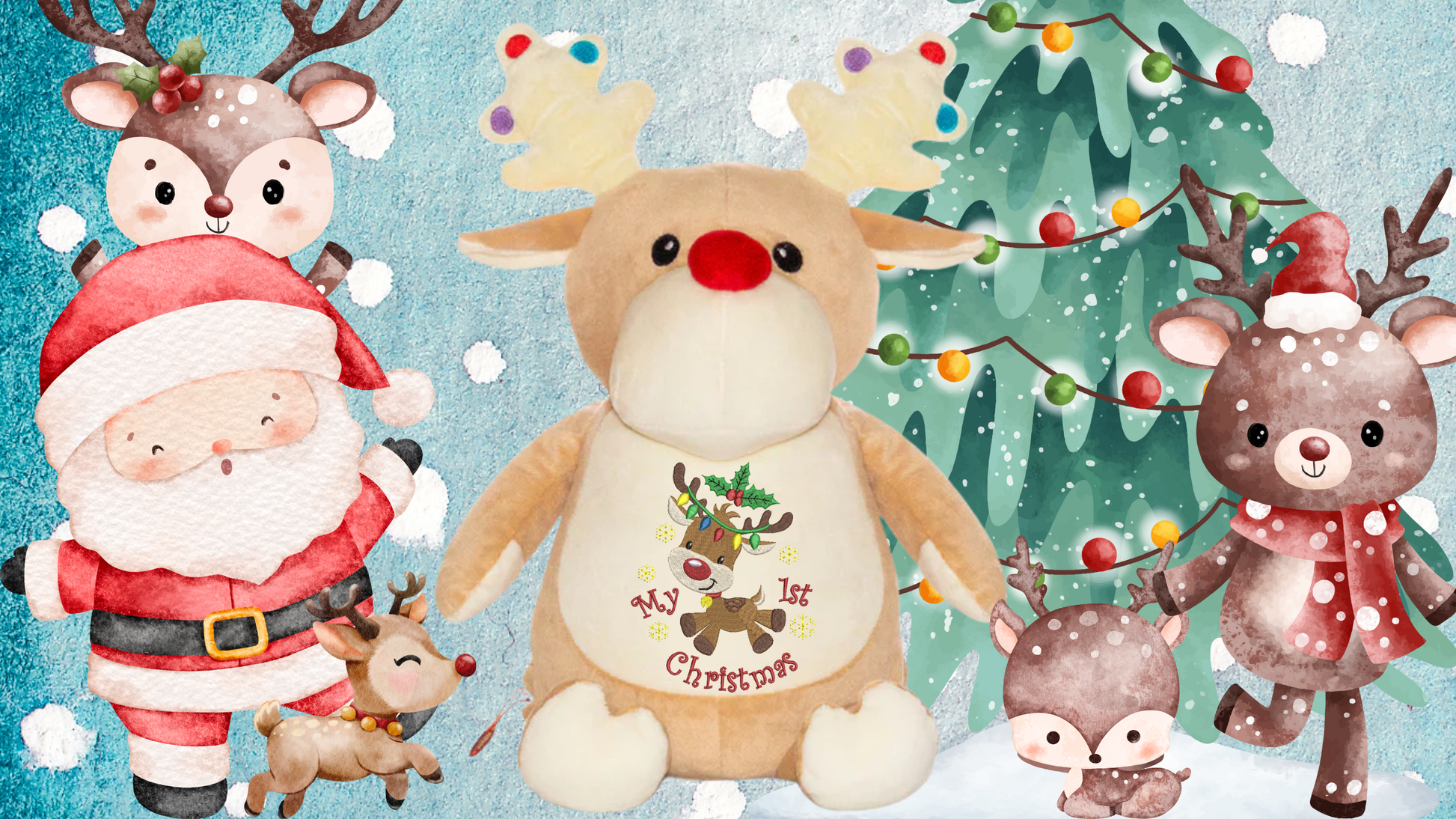 Personalised running reindeer memory bear with custom embroidery birth announcement details Christmas gift NZ. my 1st Christmas
