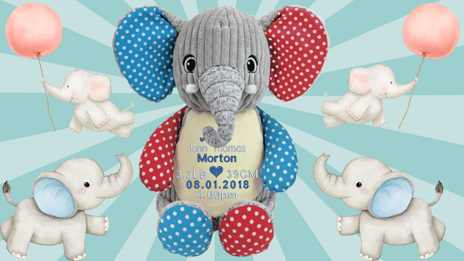 Personalised sensory elephant memory bear with custom embroidery birth announcement details NZ