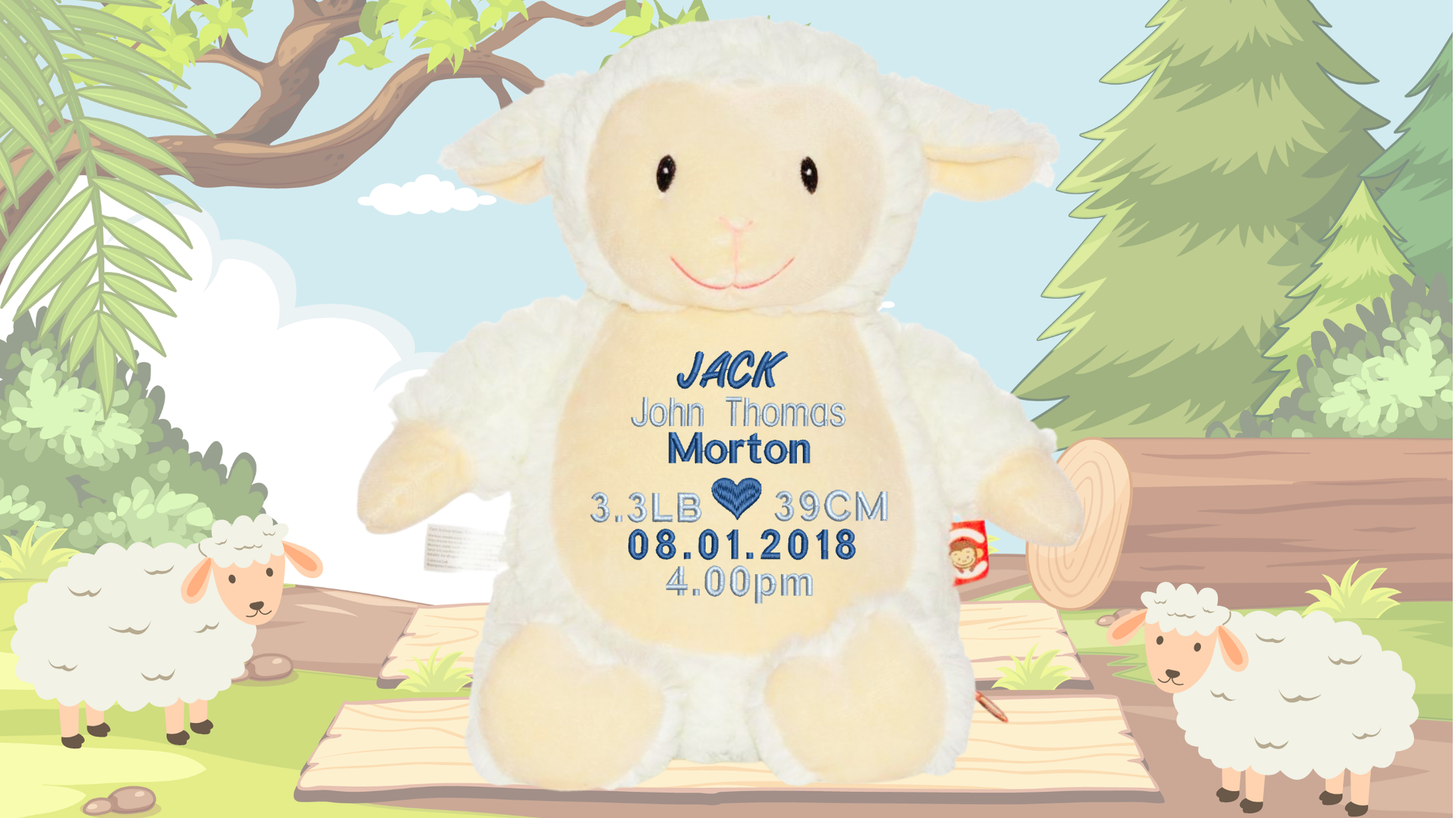 Personalised sheep memory bear lamb with custom embroidery birth announcement details NZ