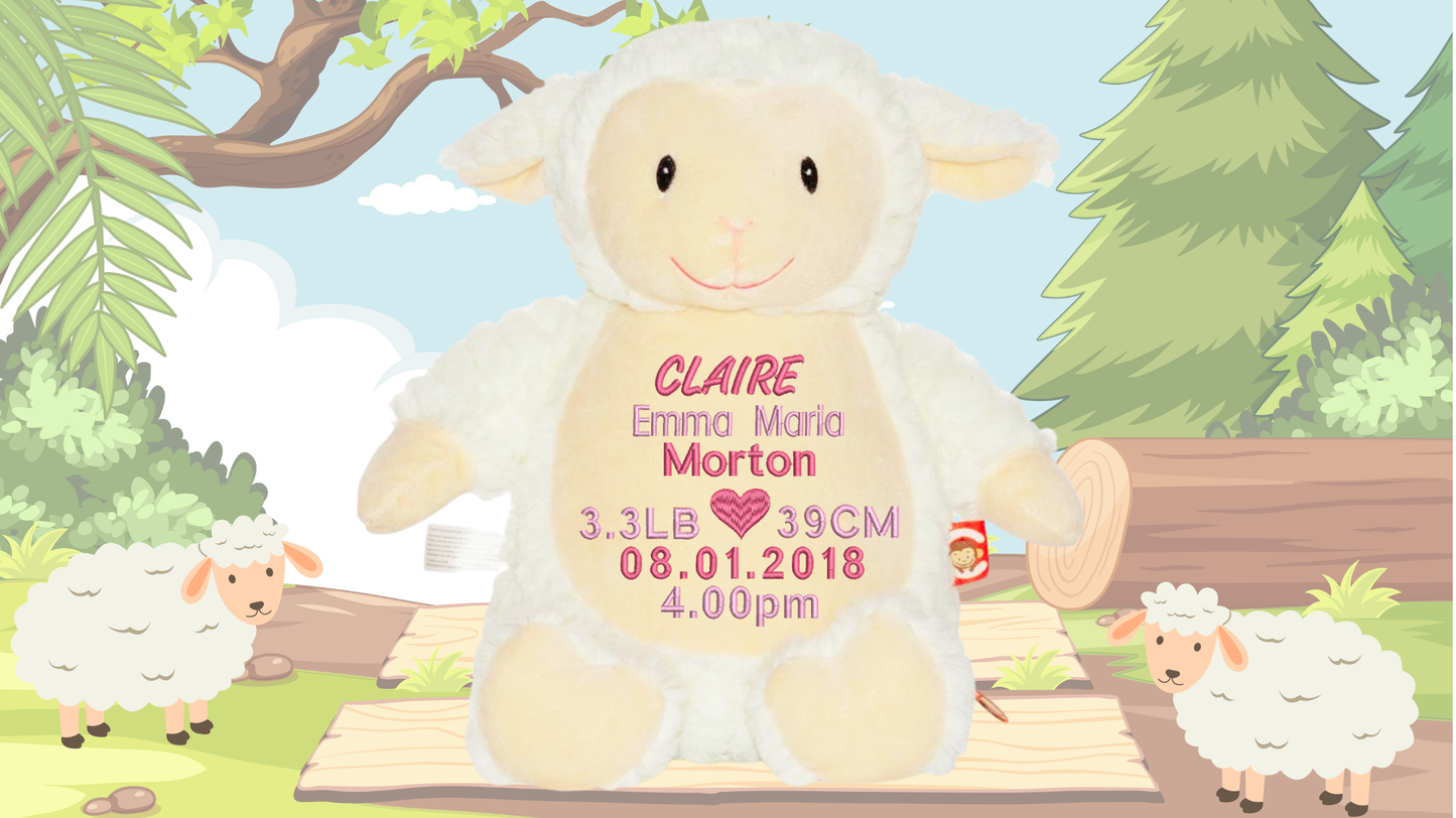 Personalised sheep memory bear lamb with custom embroidery birth announcement details NZ