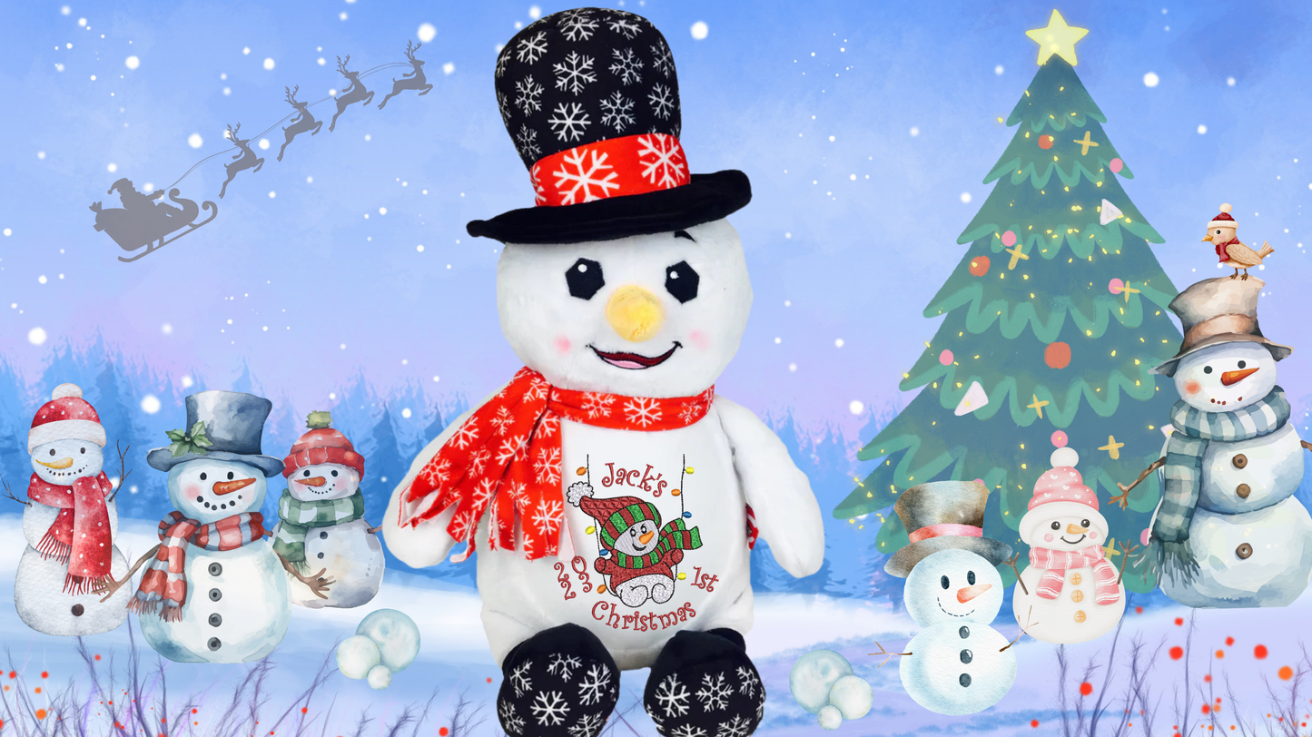 Personalised snowman memory bear with custom embroidery for baby first christmas gift NZ