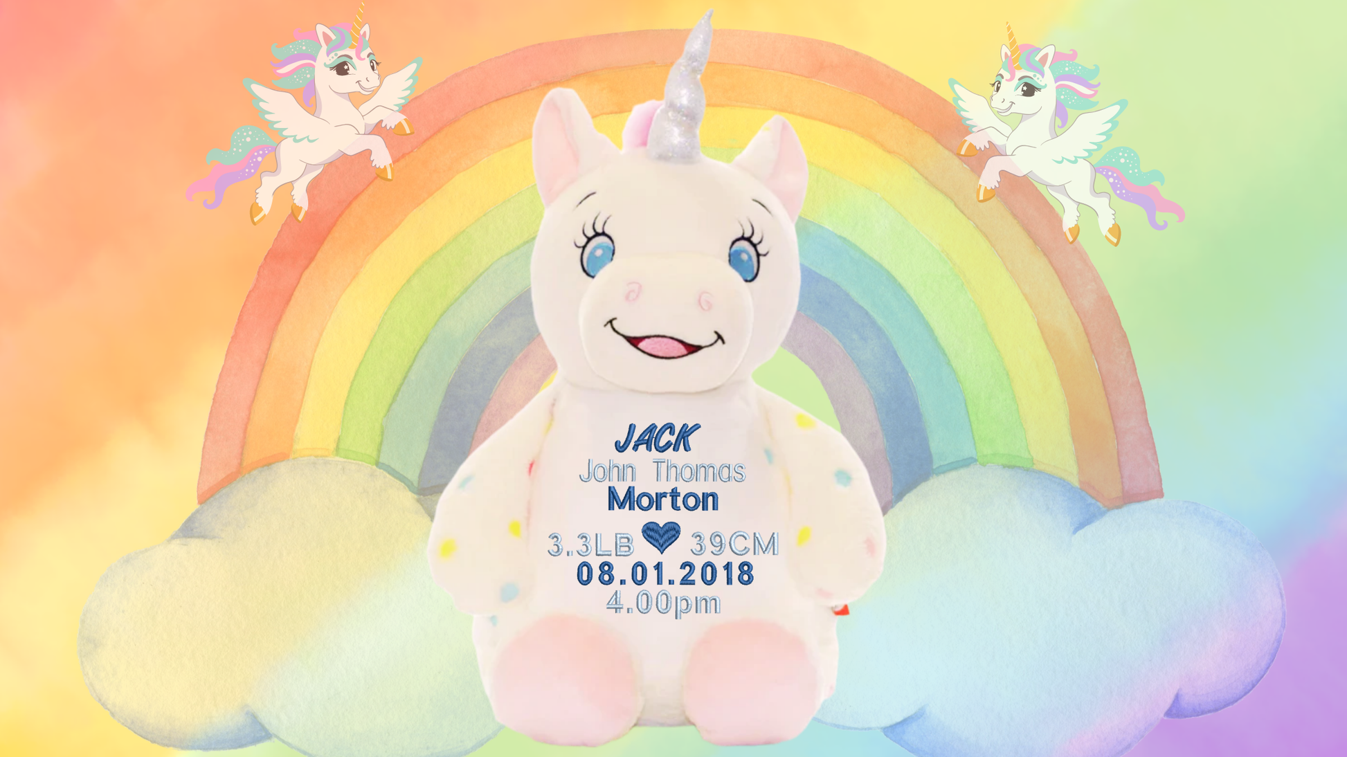Personalised unicorn memory bear with custom embroidery birth announcement details NZ