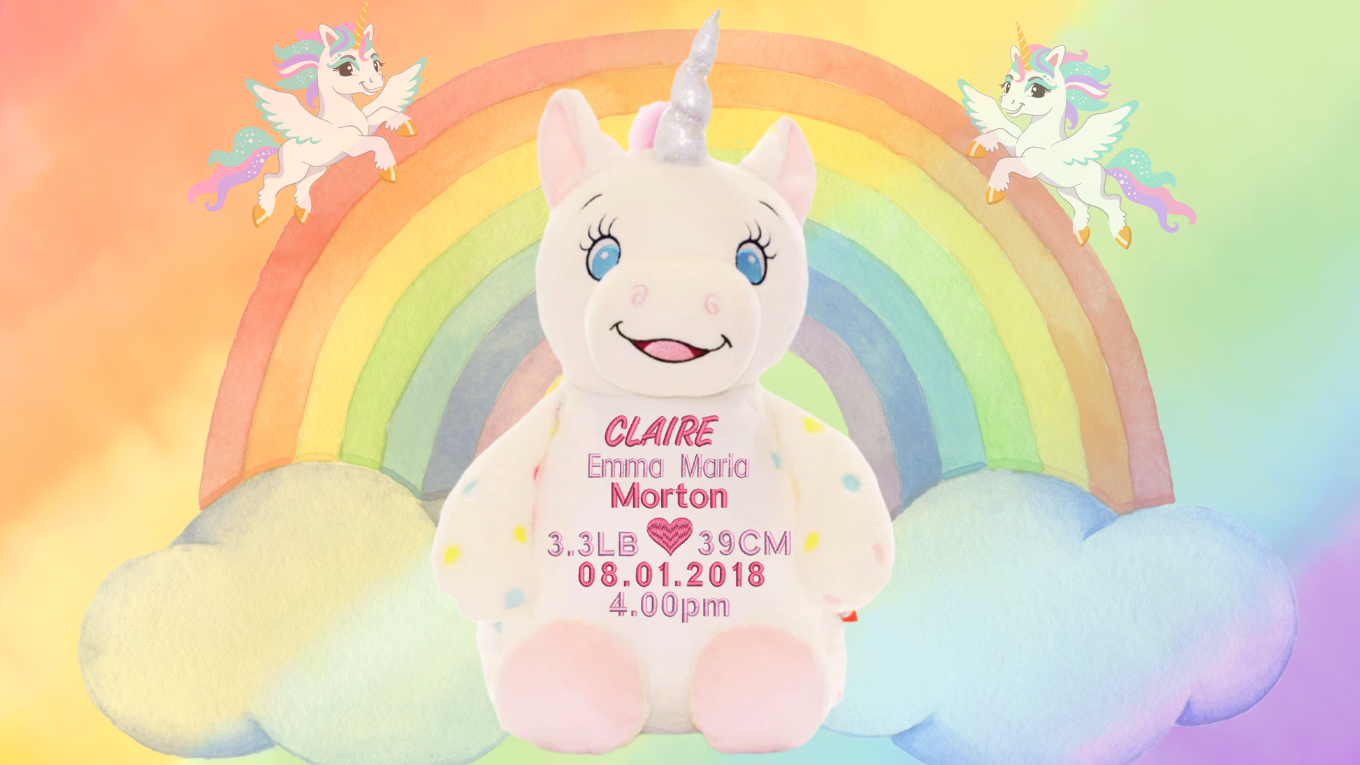 Personalised unicorn memory bear with custom embroidery birth announcement details NZ