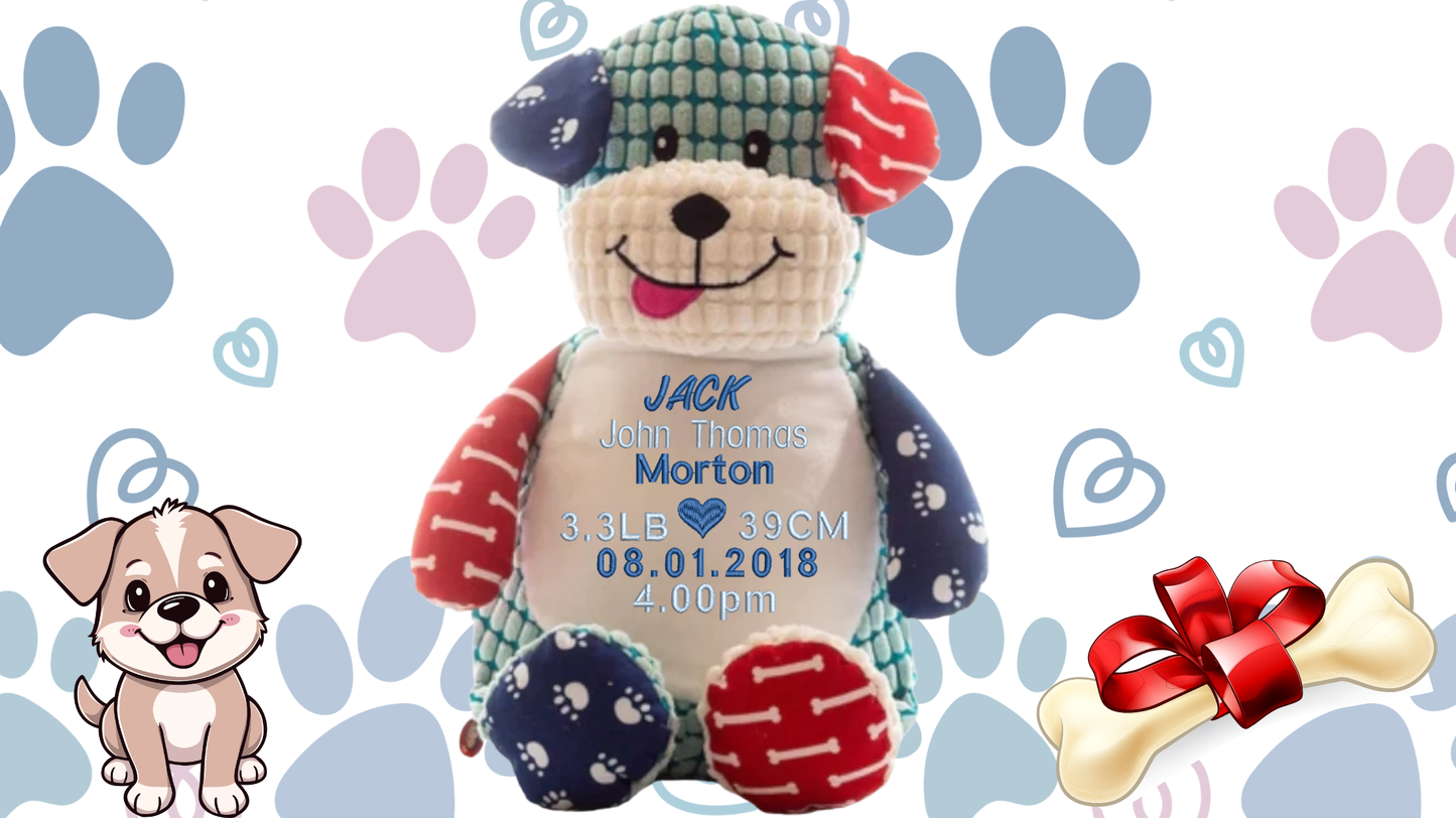 Personalized sensory dog teddy bear with blue and light blu birth announcement embroidery, custom made in NZ.