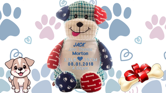Personalized sensory dog teddy bear with blue and light blu birth announcement embroidery, custom made in NZ.