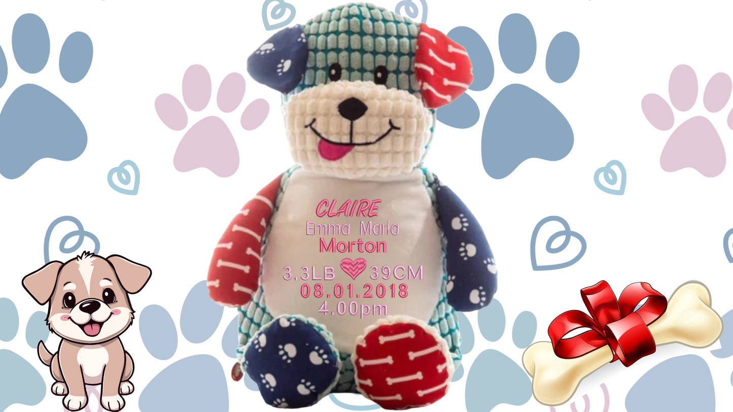 Personalized sensory dog teddy bear with Pink and light pink birth announcement embroidery, custom made in NZ.