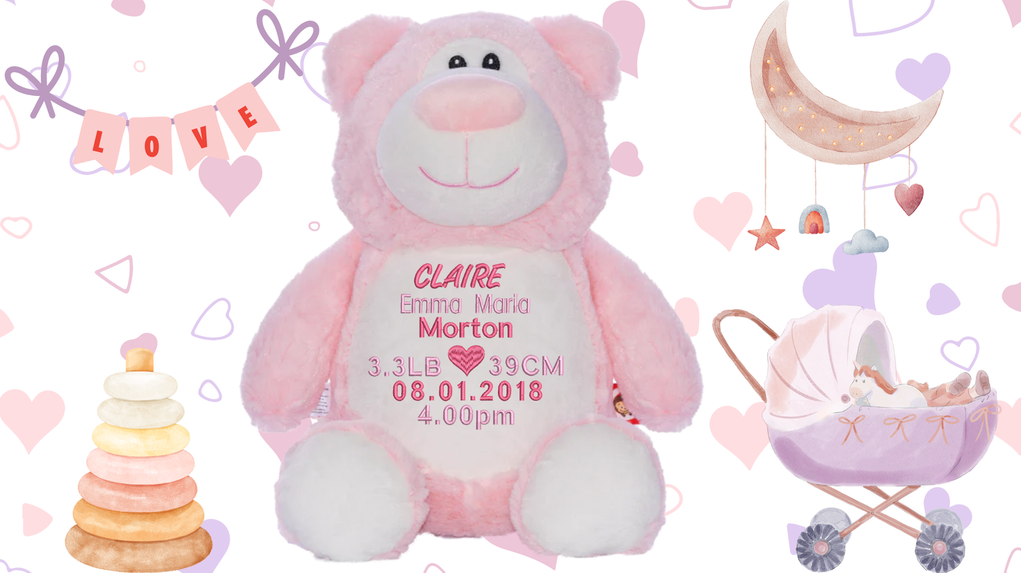 Pink Cubbyford personalised teddy bear with custom embroidery for baby girl birth announcement NZ