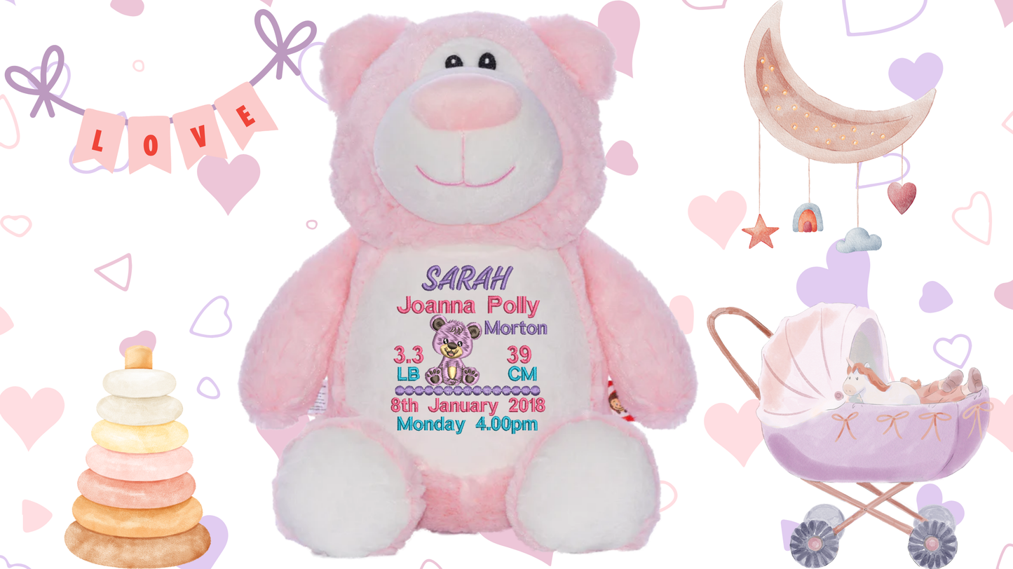 Pink Cubbyford personalised teddy bear with custom embroidery for baby girl birth announcement NZ