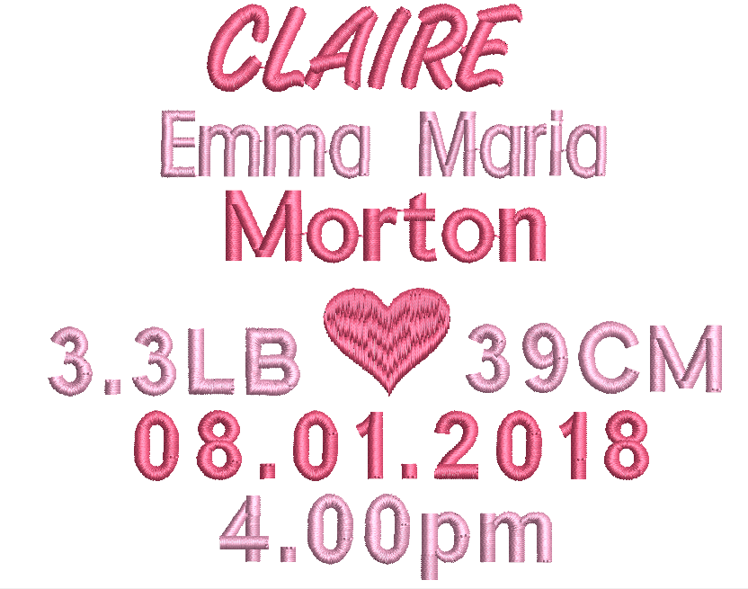 Embroidered design with a love heart, baby statistics, and personalized text on a white background