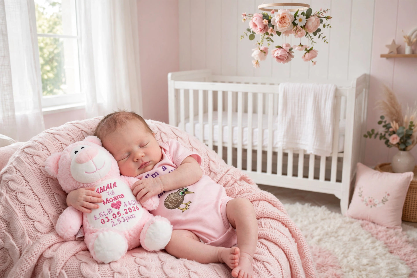 A sleeping newborn baby in a pink onesie rests on a pink cable-knit blanket next to a pink plush teddy bear in a softly lit nursery. A white crib, floral wall hanging, and soft decor are visible in the background.