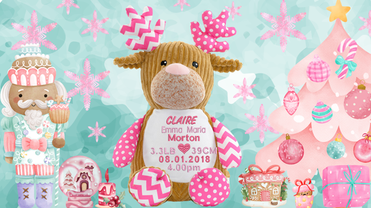 Pink reindeer personalised memory bear with custom embroidery for baby girl first christmas gift NZ