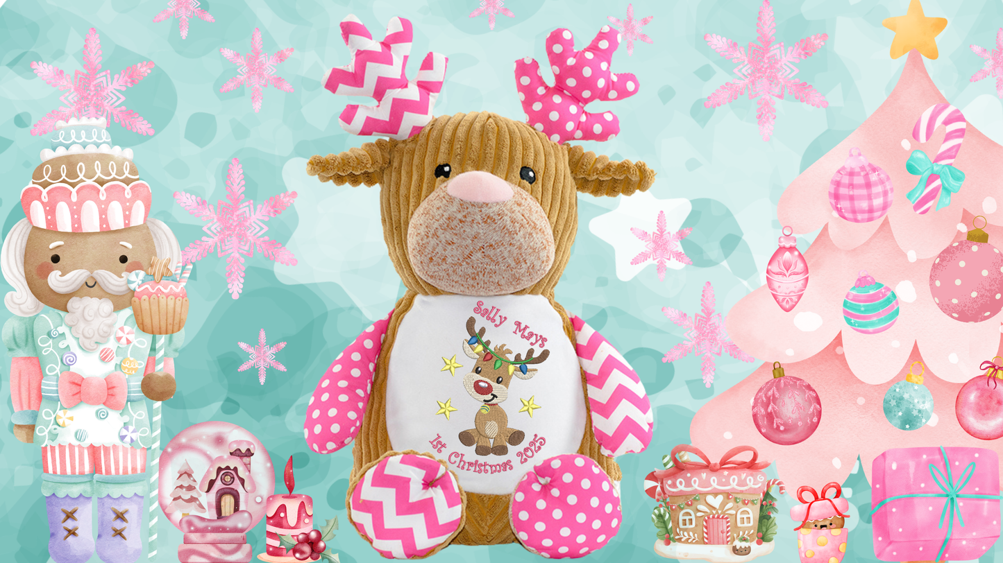 Pink reindeer personalised memory bear with custom embroidery for baby girl first christmas gift NZ. Name and my 1st christmas