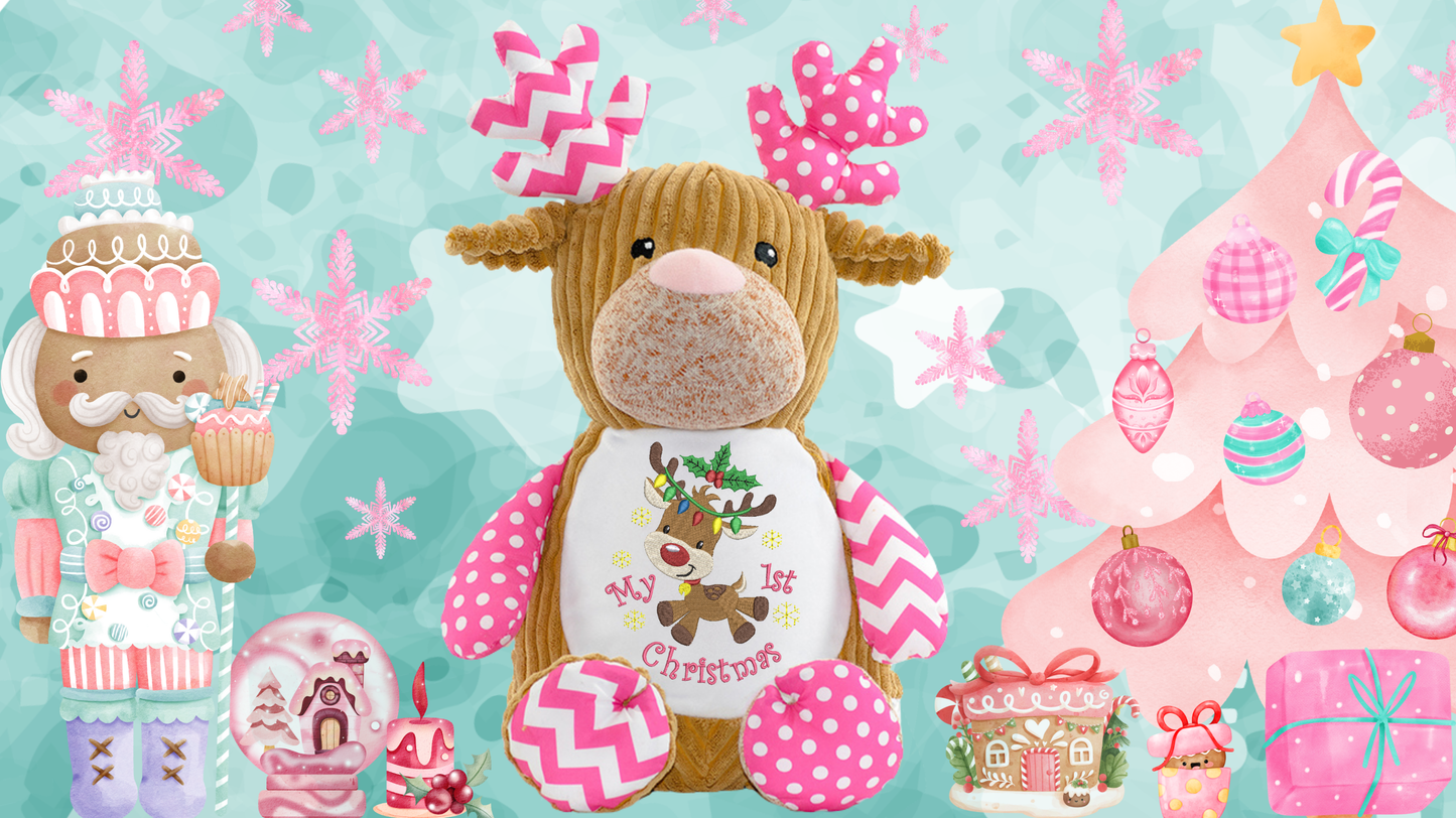 Pink reindeer personalised memory bear with custom embroidery for baby girl first christmas gift NZ. my 1st christmas
