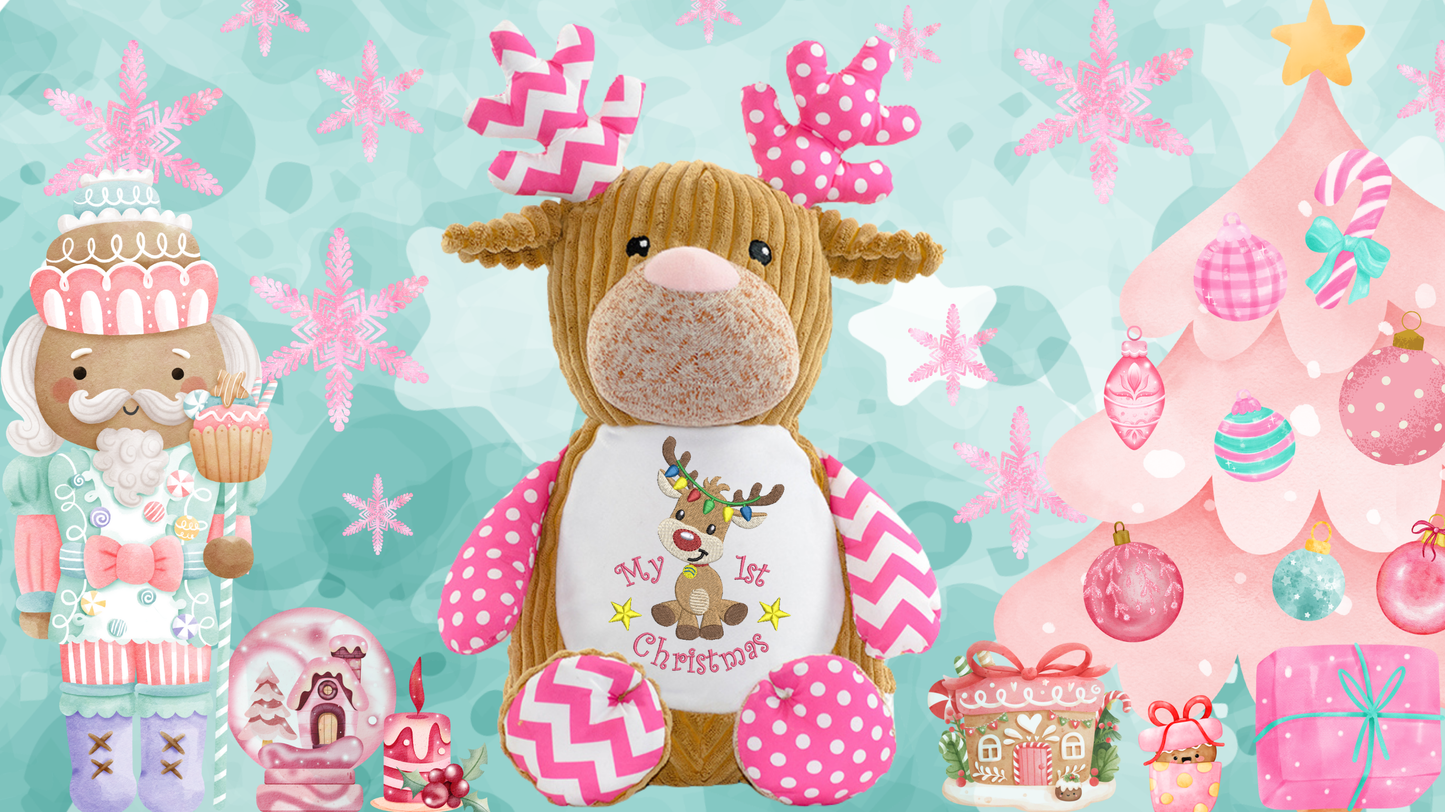 Pink sitting reindeer personalised memory bear with custom embroidery for baby girl first christmas gift NZ. my 1st christmas