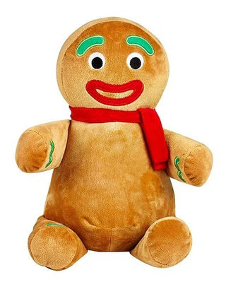 Plush gingerbread man toy with a red scarf on a white background