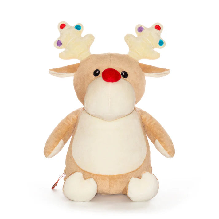 Plush reindeer toy with colorful antlers on a white background
