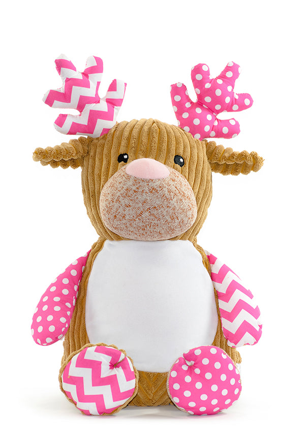 Plush reindeer toy with pink and white antlers and body on a white background