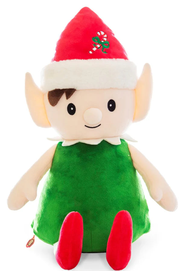 Plush toy elf with a red hat and green outfit on a white background