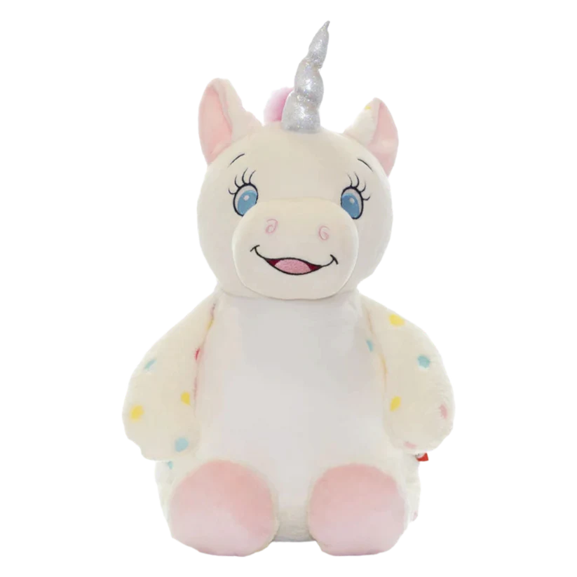 Plush unicorn toy with a white body, pink hooves, and a silver horn on a white background.