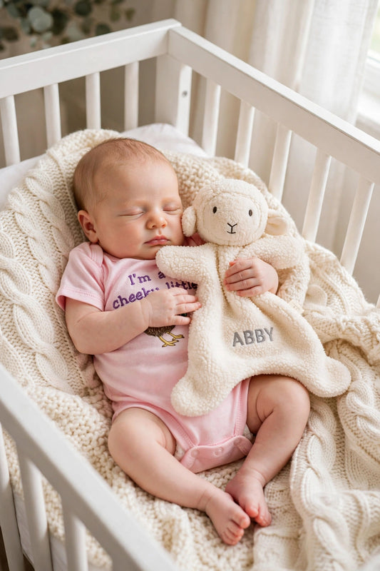Pomki Embroidery custom personalized cream lamb baby comforter blanket embroidered with the name abby in grey thread, laid on a neutral linen background with pampas grass.