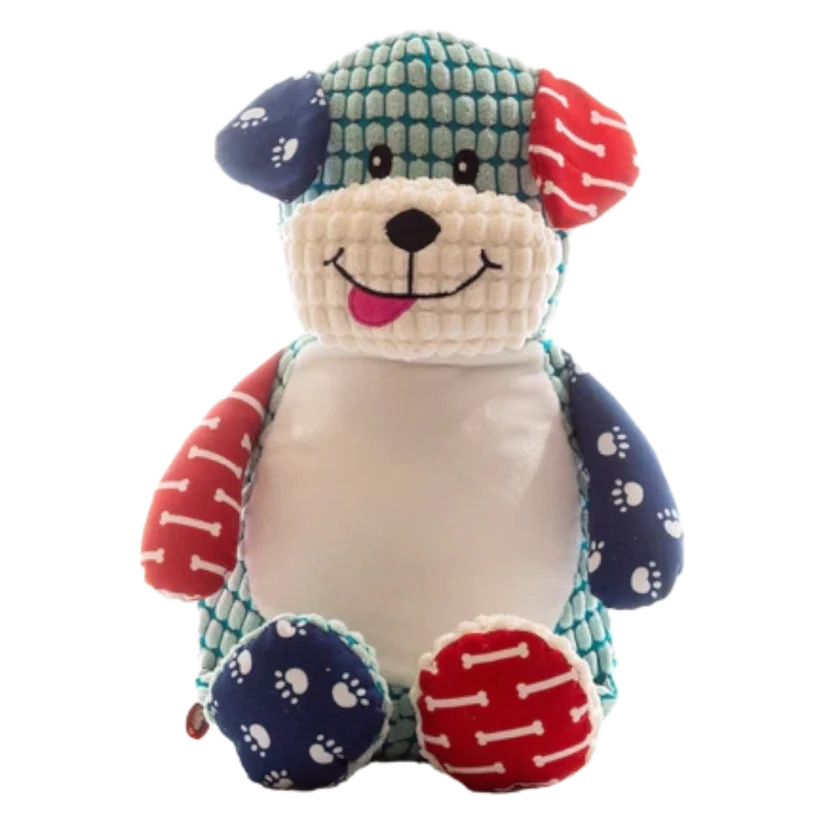 Personalized sensory dog teddy bear, announcement embroidery, custom made in NZ.
