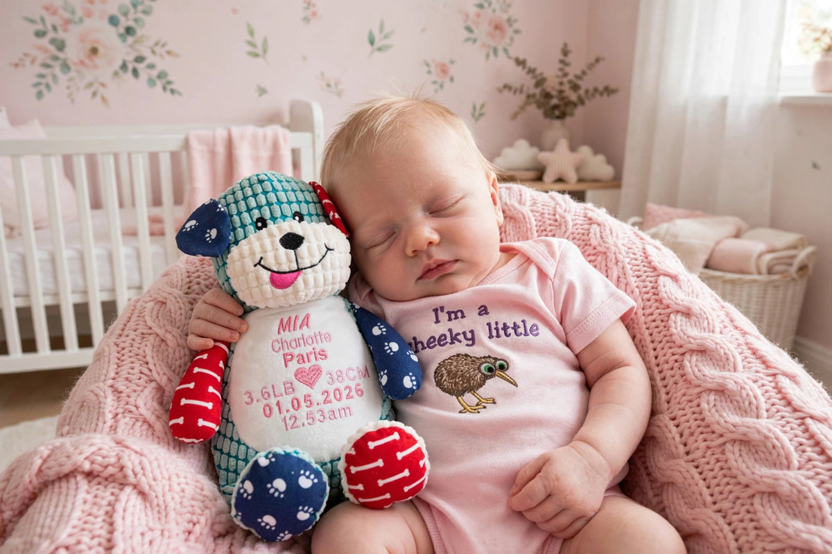 A sleeping newborn baby wearing a pink onesie that reads 'I'm a cheeky little' with a hedgehog graphic, cuddling a custom knitted plush bear in a pink nursery.