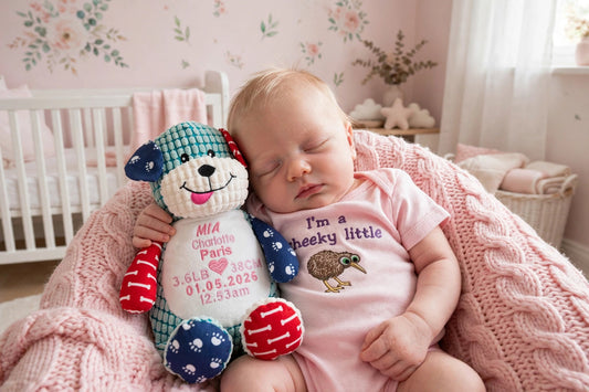 A sleeping newborn baby wearing a pink onesie that reads 'I'm a cheeky little' with a hedgehog graphic, cuddling a custom knitted plush bear in a pink nursery.