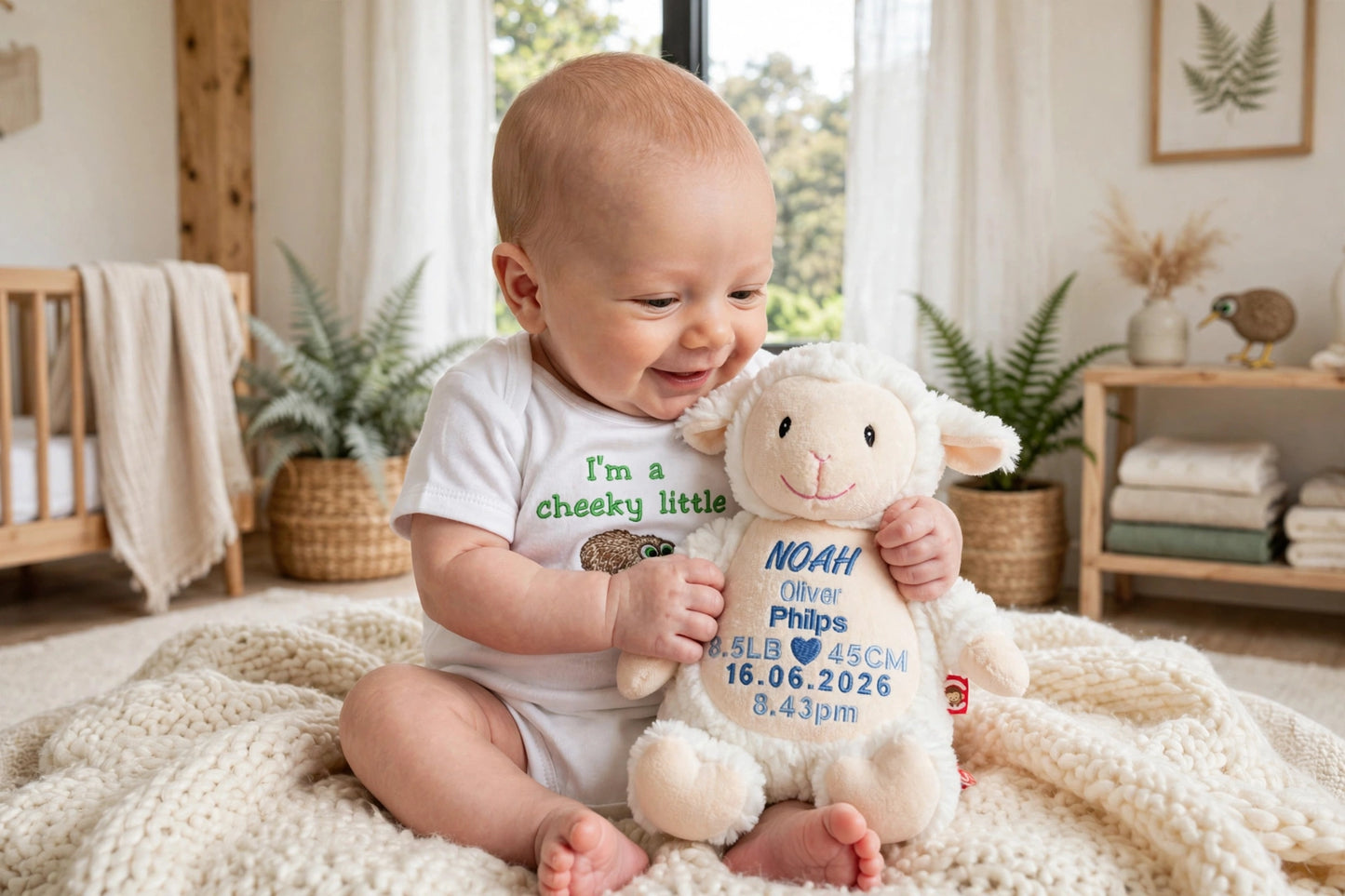 baby with Im a Cheecy Kwiw onesie and birth bear