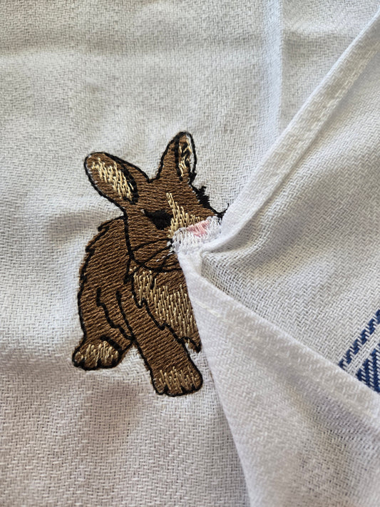 Sweet bunny rabbit embroidery design on white cotton tea towel with blue stripe NZ