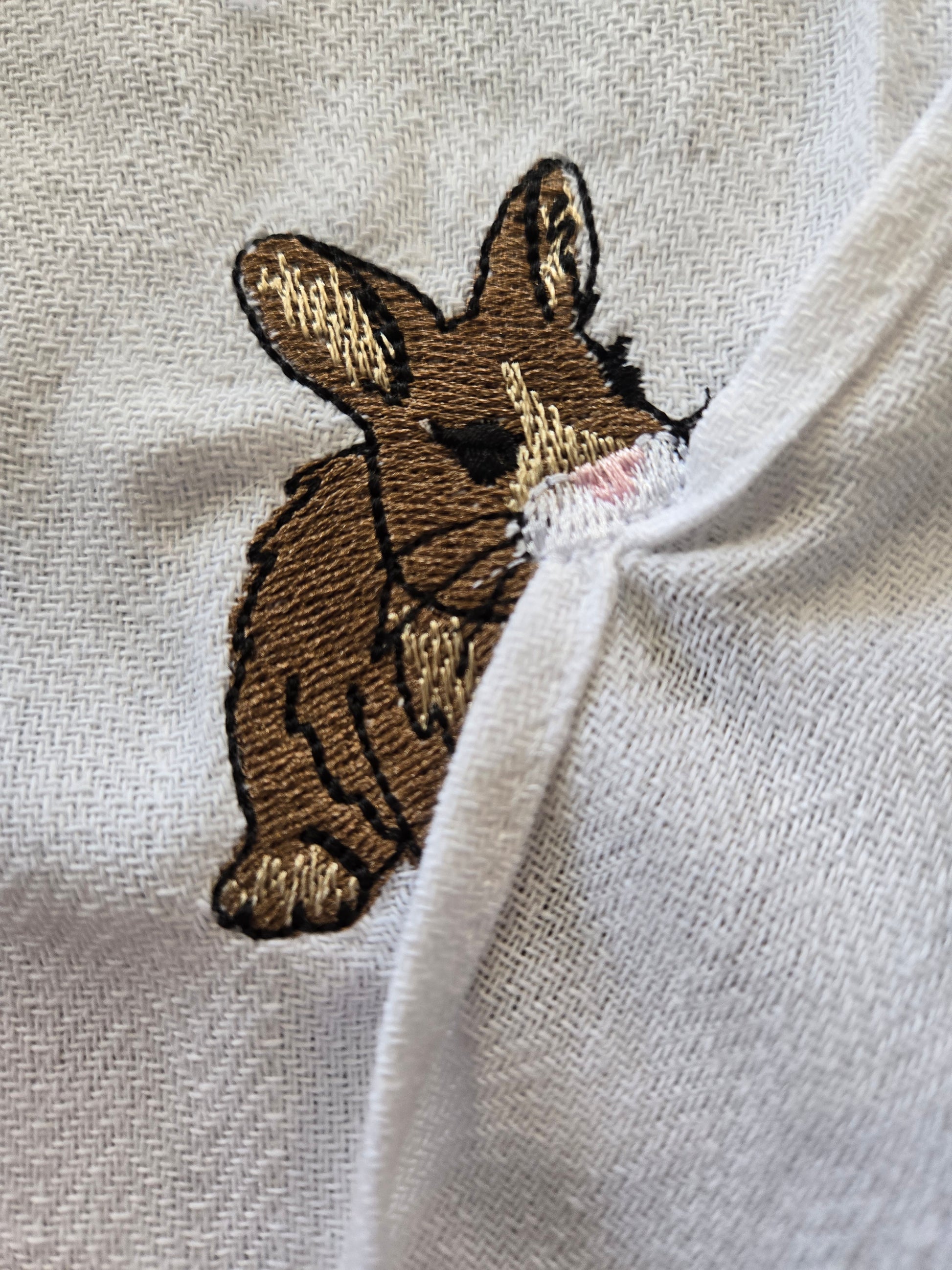 Sweet bunny rabbit embroidery design on white cotton tea towel with blue stripe NZ