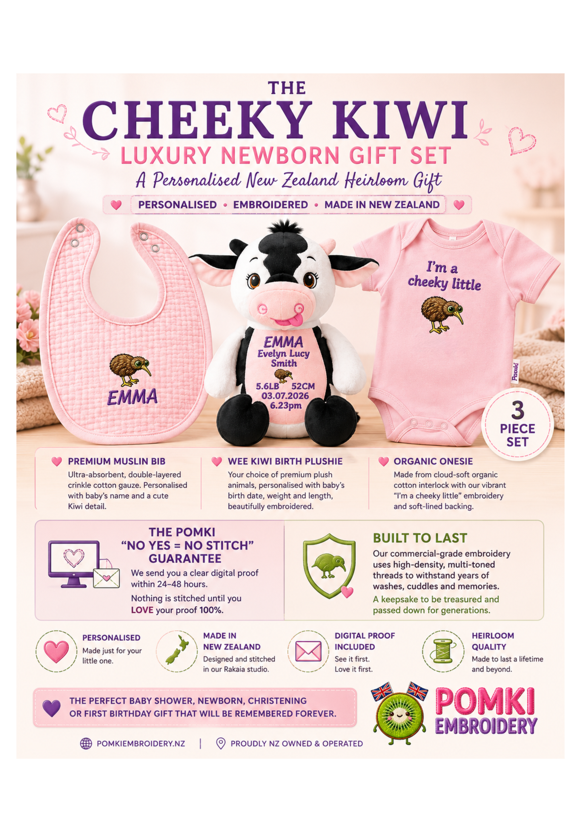 A promotional graphic for 'The Cheeky Kiwi' luxury newborn gift set by Pomki Embroidery, featuring a 3-piece set including a pink embroidered bib, a pink tummy sticker, and a black and white cow plush toy with custom embroidery.