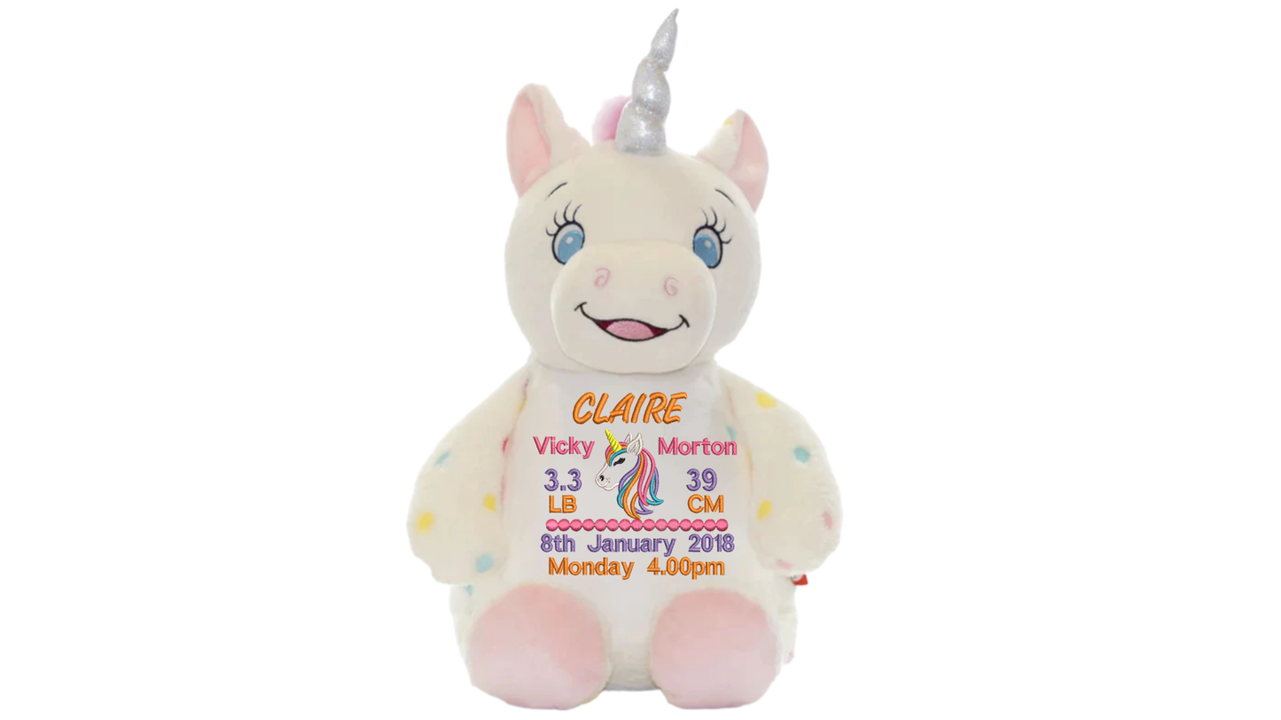 Unicorn-shaped plush toy with personalized text on a white background
