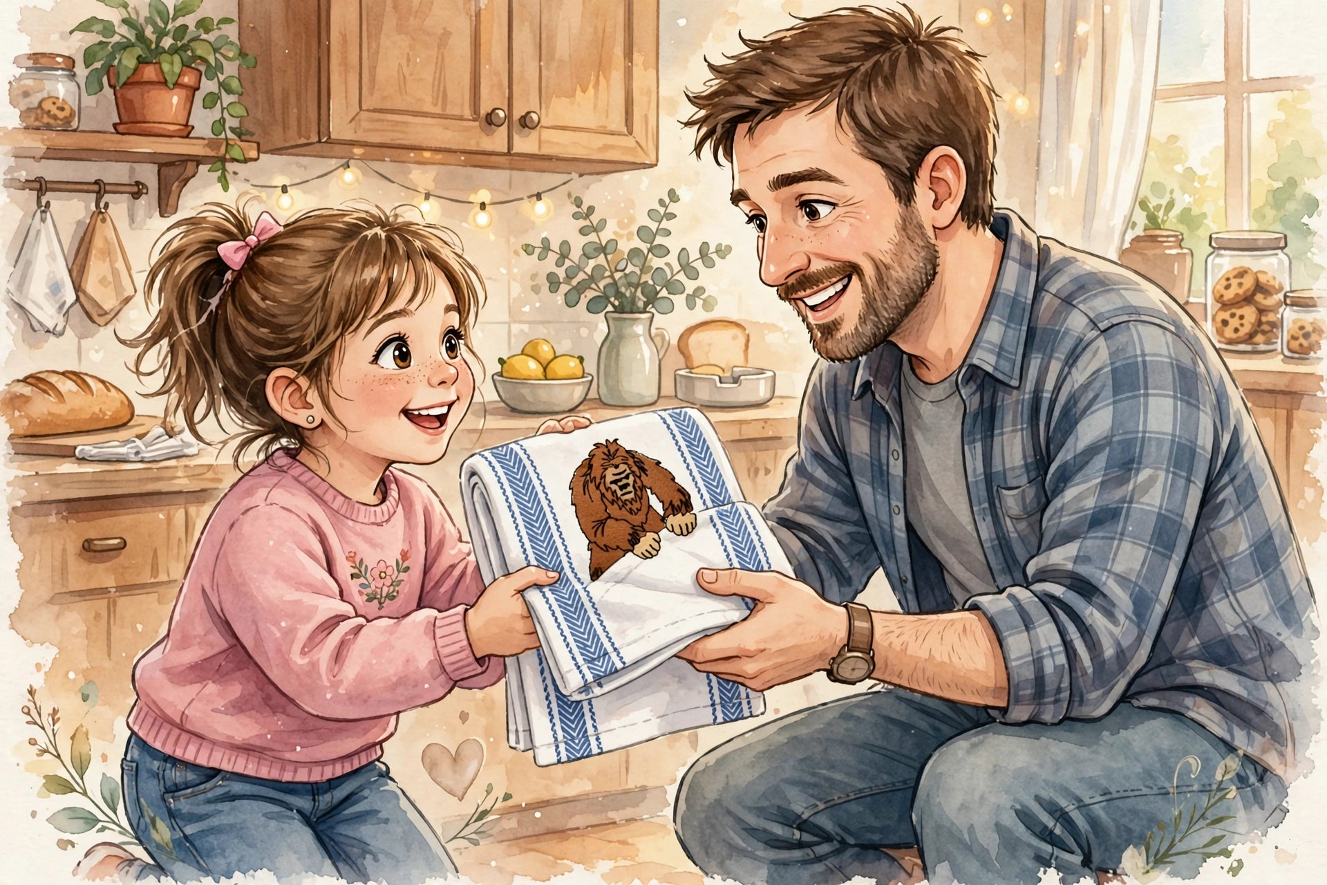 A warm, illustrated scene of a man and a young girl in a cozy kitchen. The girl holds up a white kitchen towel with blue stripes and a brown bear graphic, showing it to the smiling man.