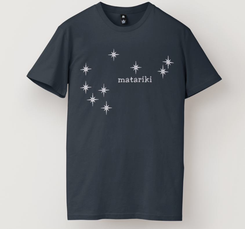 White embroidered Matariki star cluster design on a black family matching t-shirt and hoodie.