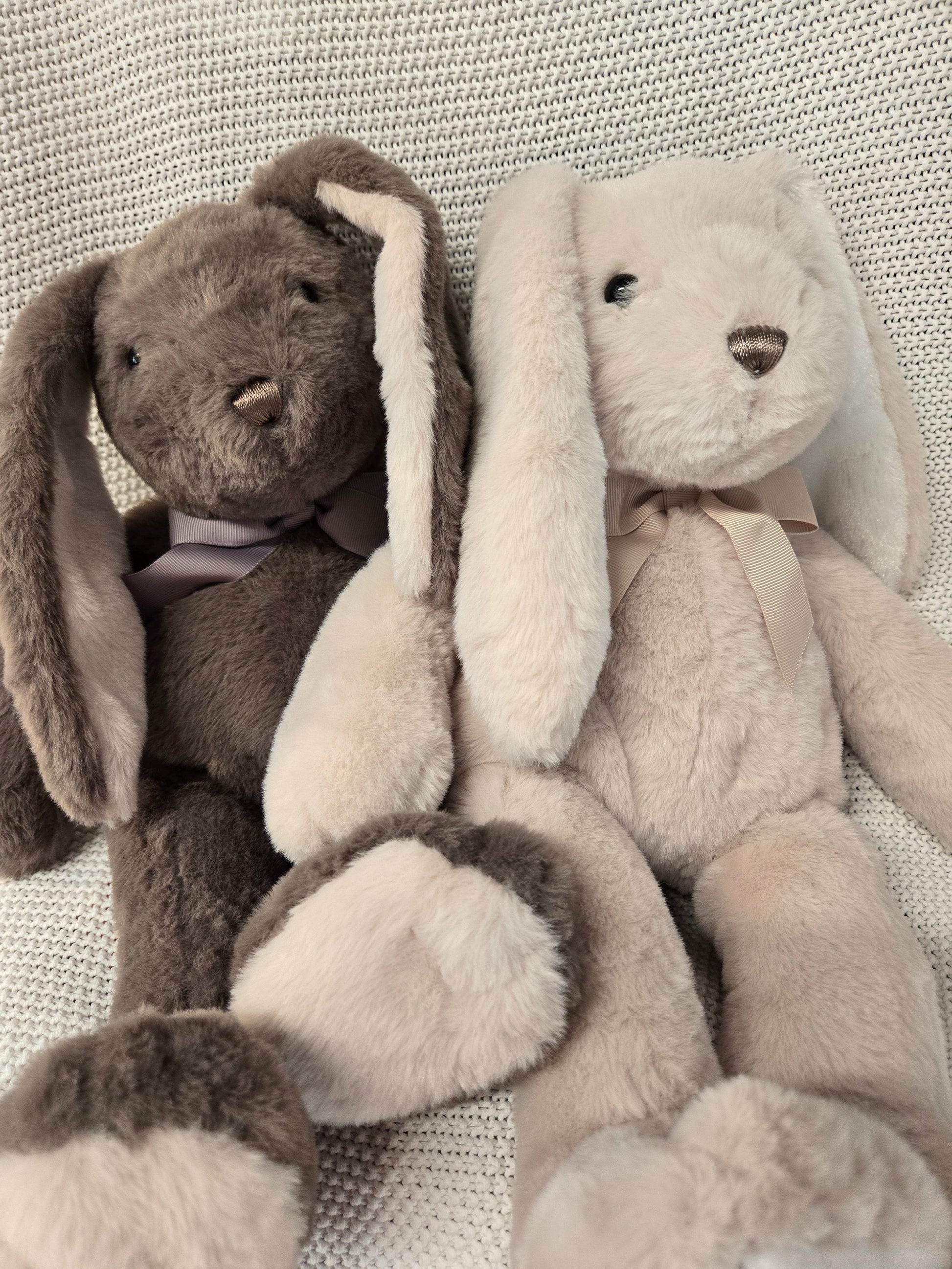 Two plush bunny toys, one brown and one beige, sitting on a textured surface.