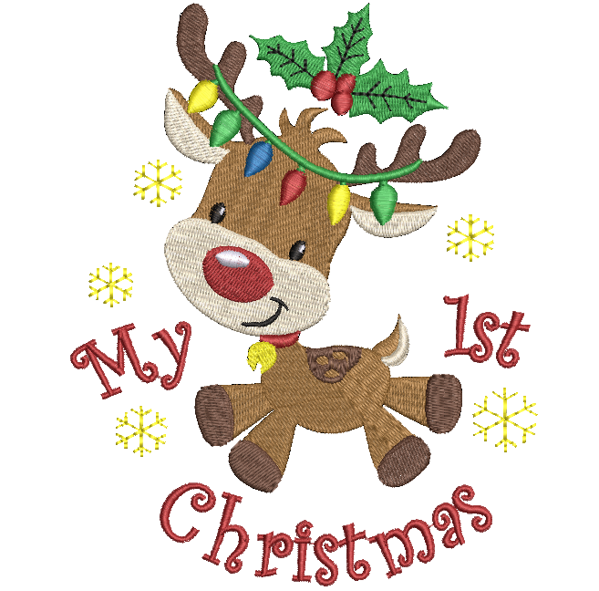 Embroidered design of a reindeer with 'My 1st Christmas' text on a white background.